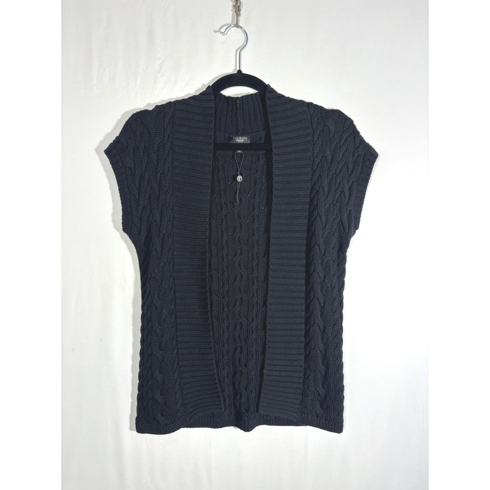 Preppy Classic Cable Knit Talbots Open Front Sweater Vest Women Petite P Black